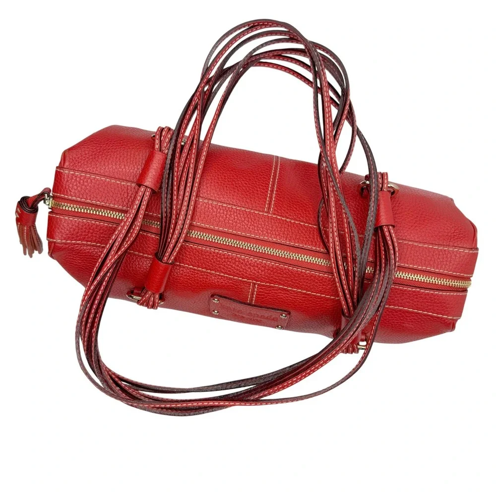 Y2K Kate Spade Barrel Bag‎ Satchel Red Pebbled Leather Tassel Polka Dot Lining